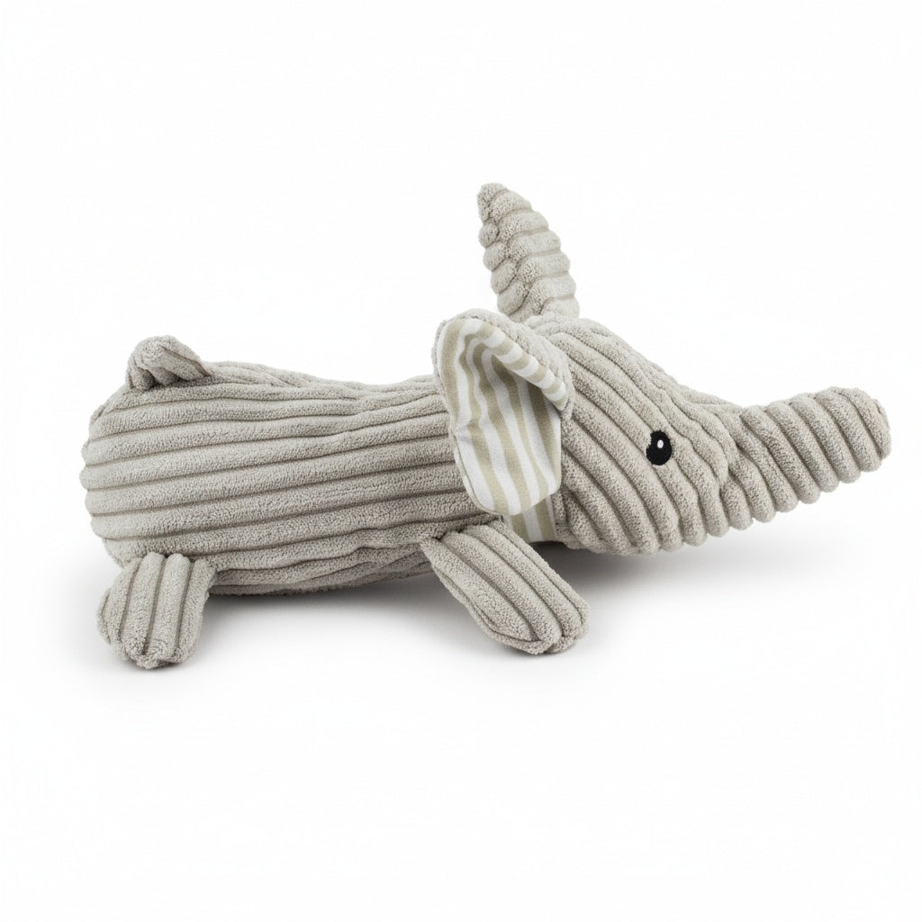 12" Corduroy Lying Elephant w/ Squeaker & Crinkle plush dog toy with soft fabric, designed for gentle play and cuddling