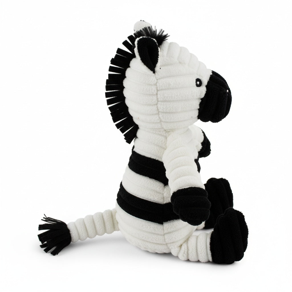 15" Corduroy Zebra w/ Squeaker & Crinkle plush dog toy with soft fabric, designed for gentle play and cuddling