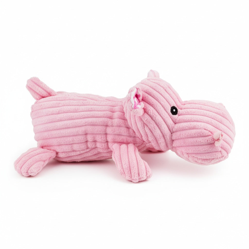 12" Corduroy Lying Hippo w/ Squeaker & Crinkle plush dog toy with soft fabric, designed for gentle play and cuddling