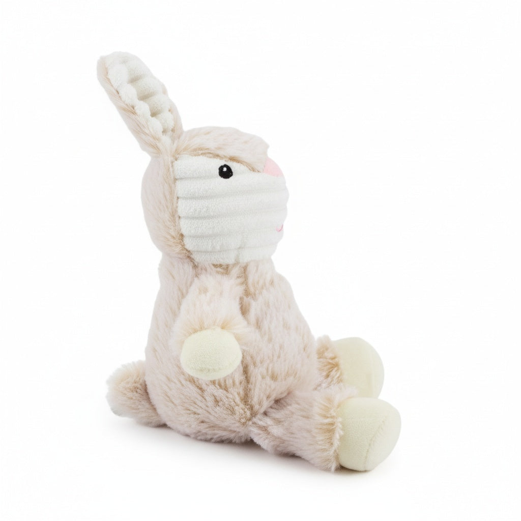 7" Two Tone Cuddle Bunny w/ Squeaker & Corduroy - Tan plush dog toy with soft fabric, designed for gentle play and cuddling