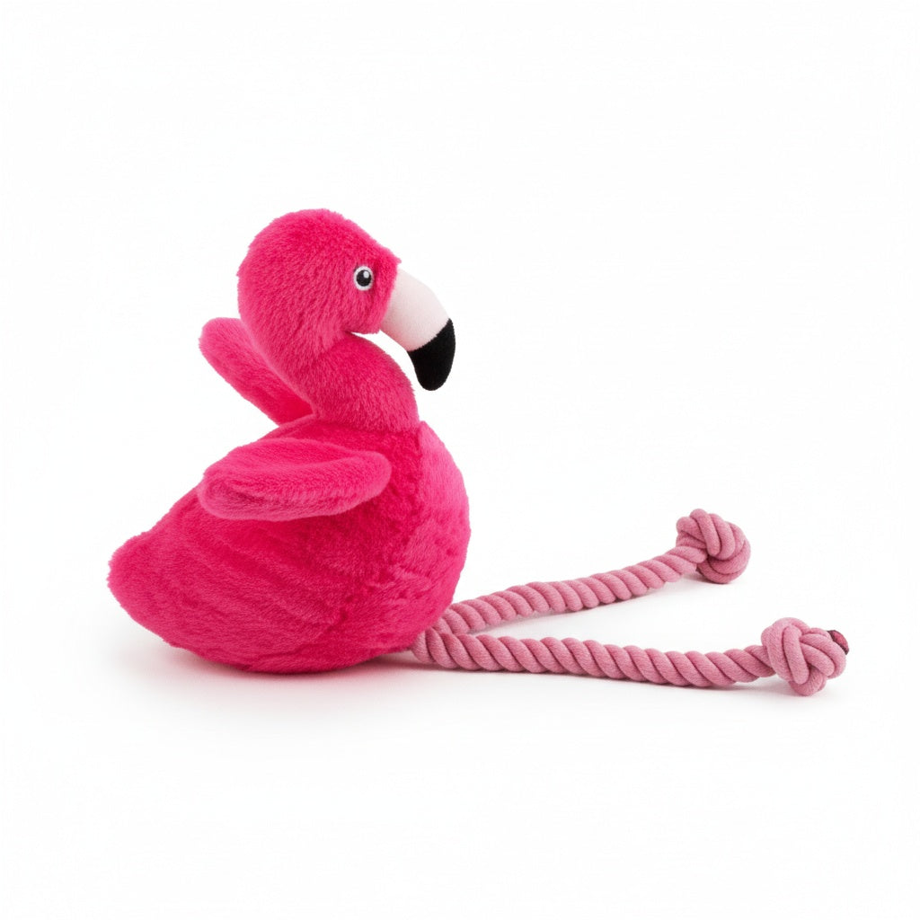 10" Sitting Flamingo plush dog toy with soft fabric, designed for gentle play and cuddling