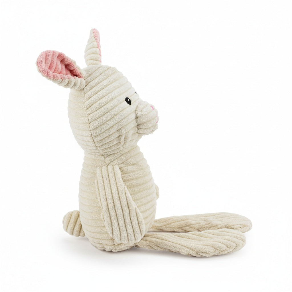 8.5" Bunny w/ squeaker and crinkle plush dog toy with soft fabric, designed for gentle play and cuddling