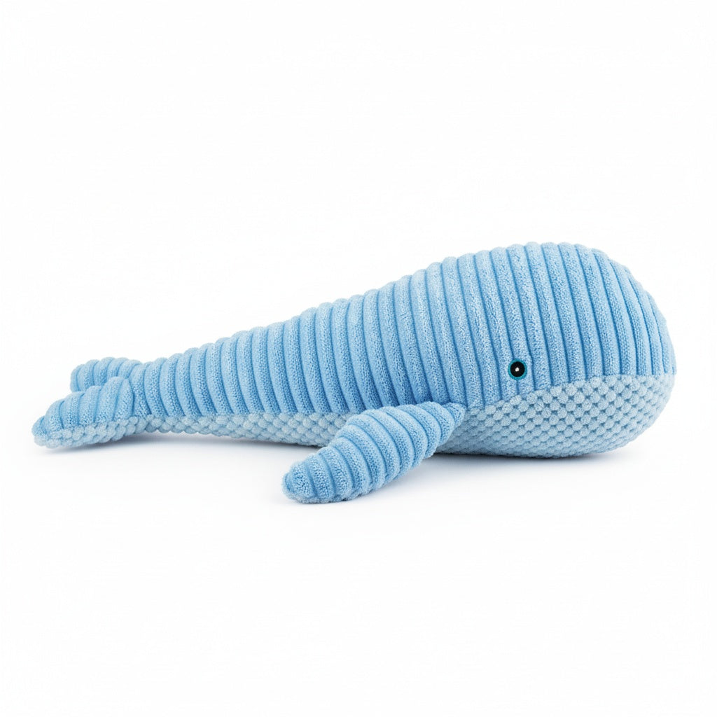 12" Willy Whale w/ Squeaker & Crinkle plush dog toy with soft fabric, designed for gentle play and cuddling