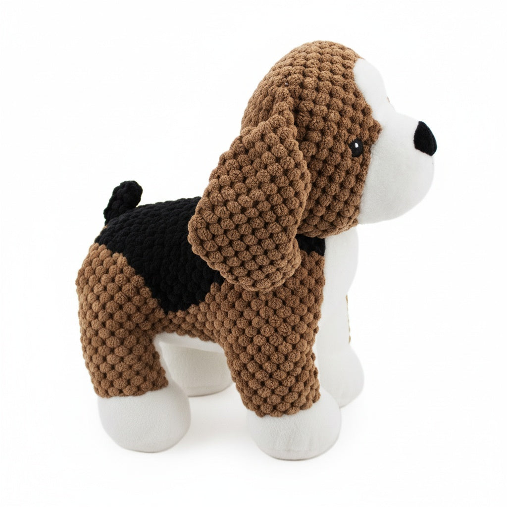 9" Benny Beagle w/Squeaker & Crinkle plush dog toy with soft fabric, designed for gentle play and cuddling