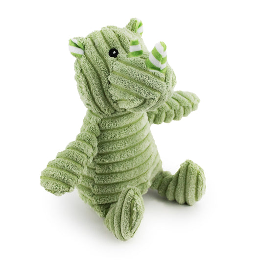 15" Corduroy Rhino w/ Squeaker & Crinkle plush dog toy with soft fabric, designed for gentle play and cuddling