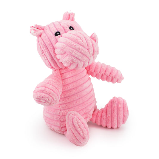 15" Corduroy Hippo w/ Squeaker & Crinkle plush dog toy with soft fabric, designed for gentle play and cuddling