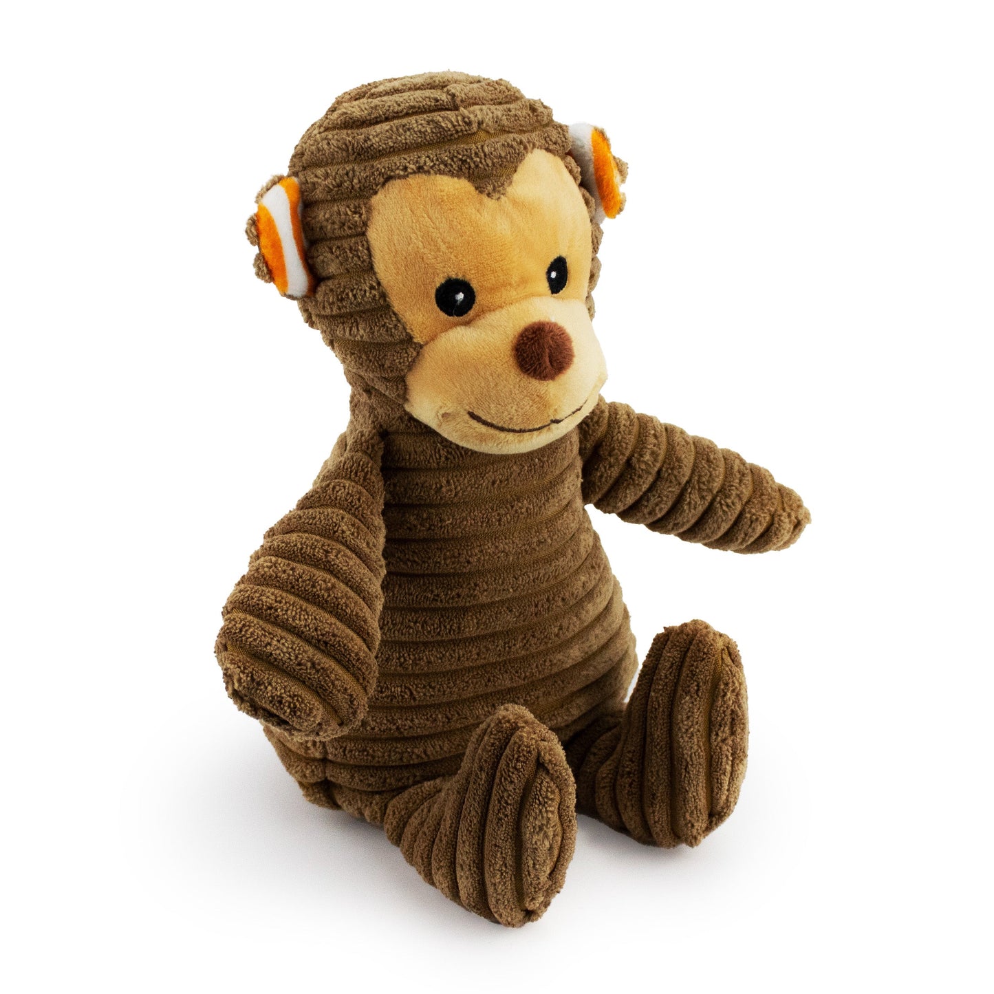 15" Corduroy Monkey w/ Squeaker & Crinkle plush dog toy with soft fabric, designed for gentle play and cuddling