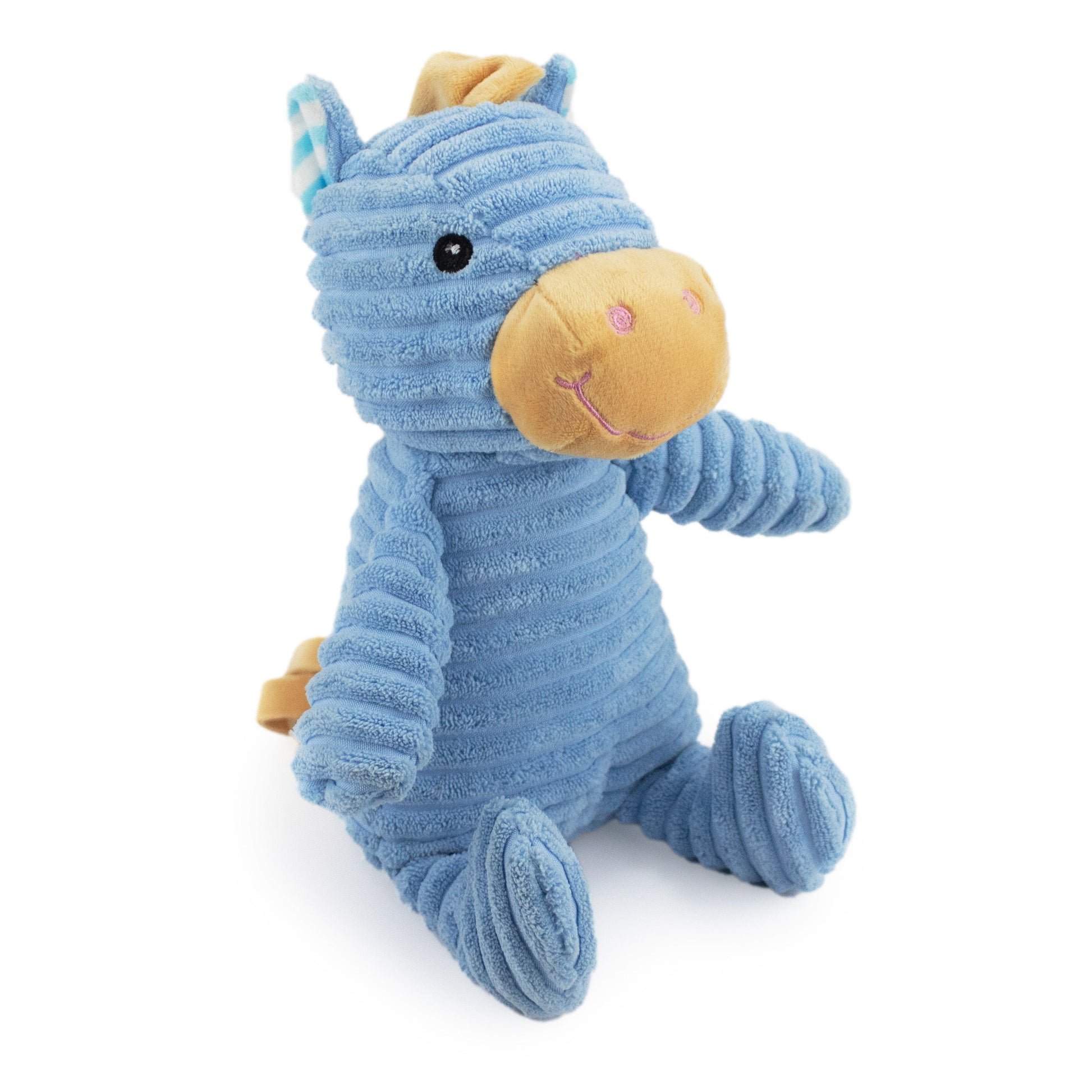 9" Corduroy Sitting Horse w/ Squeaker & Crinkle plush dog toy with soft fabric, designed for gentle play and cuddling