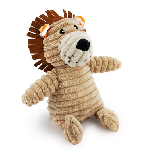 15" Corduroy Lion w/ Squeaker & Crinkle plush dog toy with soft fabric, designed for gentle play and cuddling