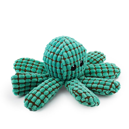 9" Ogi the Octopus w/ Squeaker & Crinkle - Turq plush dog toy with soft fabric, designed for gentle play and cuddling