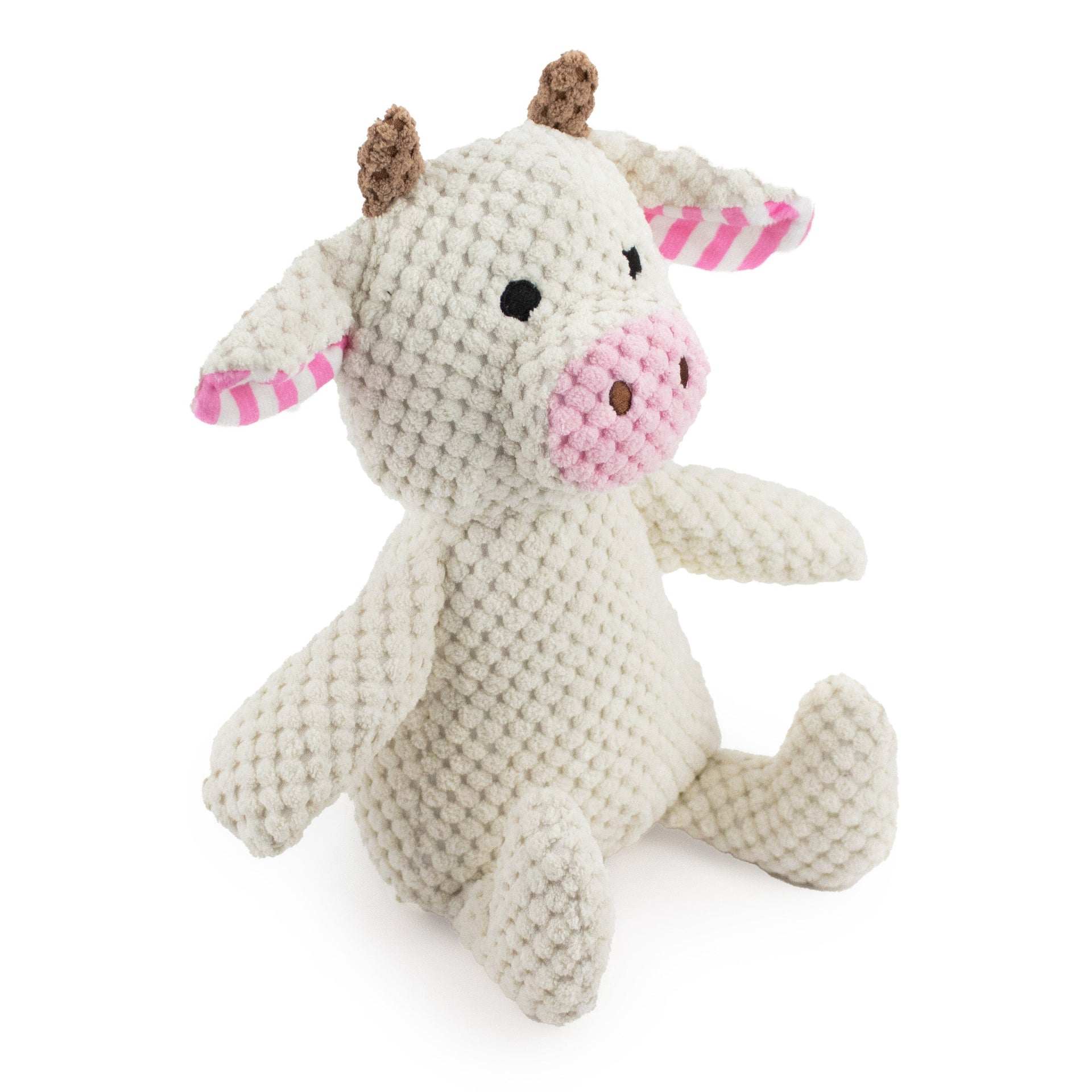 15" Sitting Corduroy Cow w/ Squeaker & Crinkle plush dog toy with soft fabric, designed for gentle play and cuddling