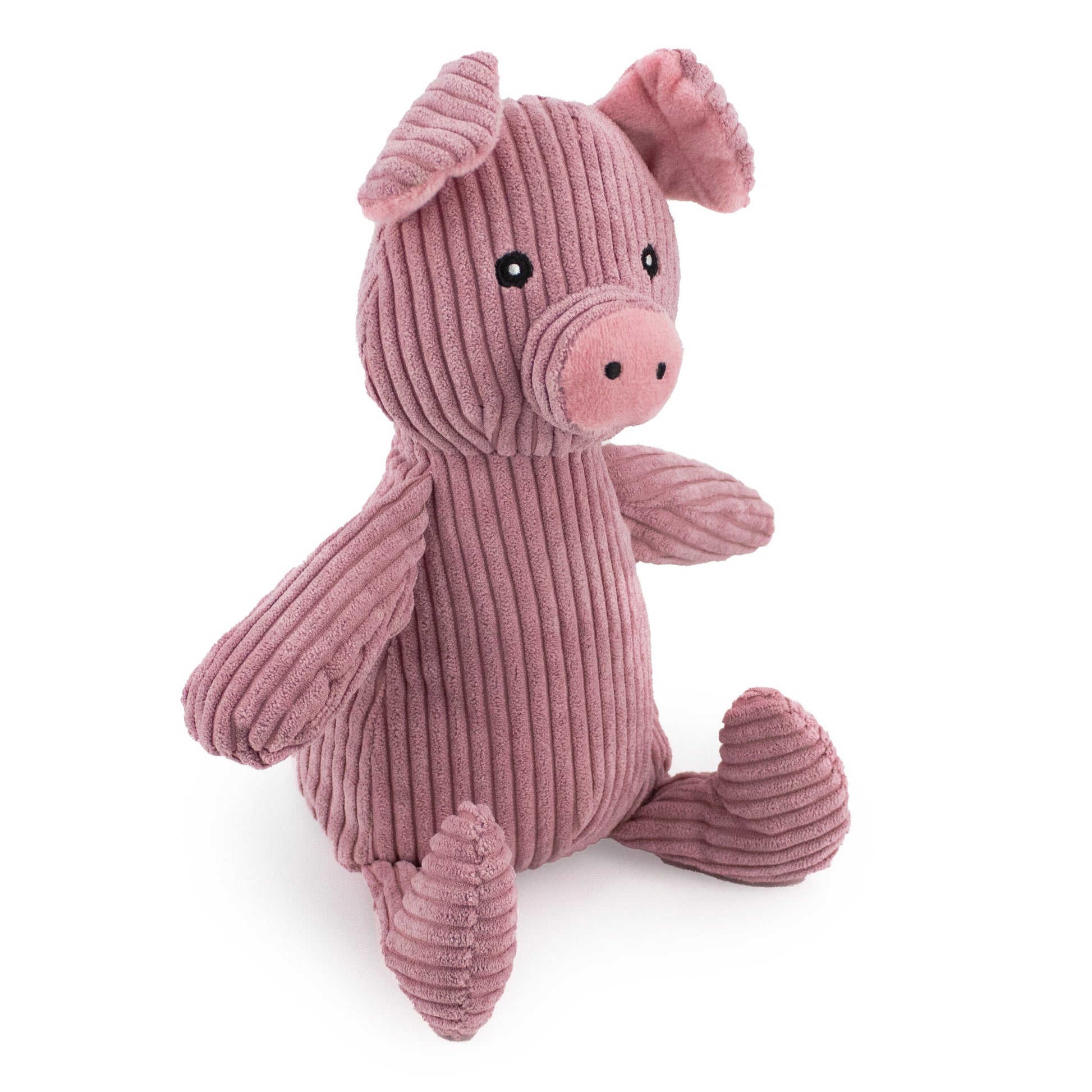 9" Corduroy Sitting Pig w/ Grunter & Crinkle plush dog toy with soft fabric, designed for gentle play and cuddling