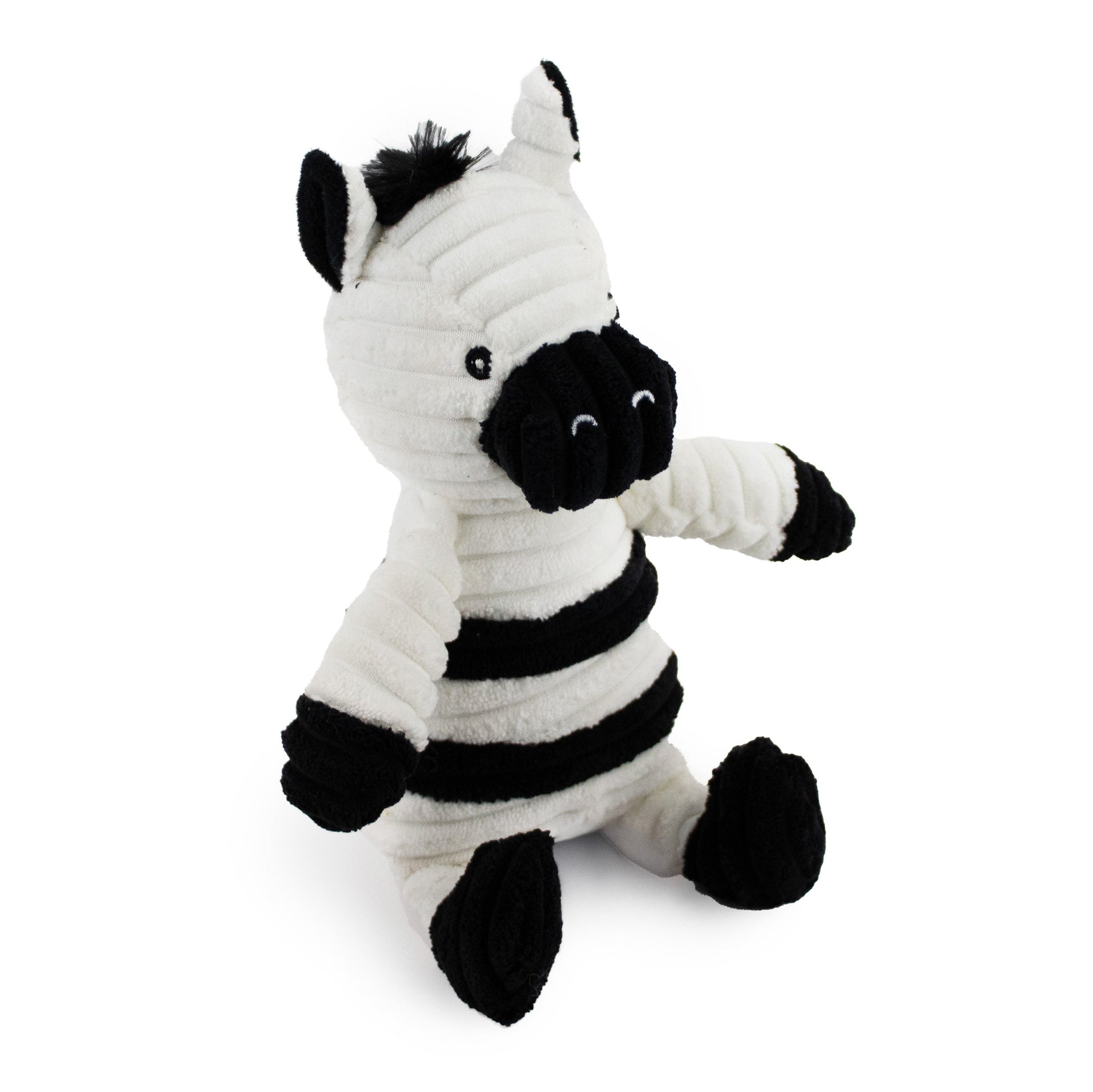 9" Corduroy Zebra w/ Squeaker & Crinkle plush dog toy with soft fabric, designed for gentle play and cuddling