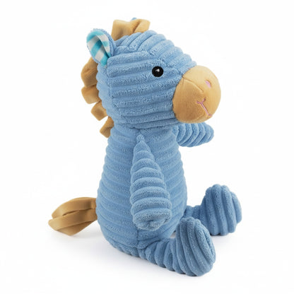 9" Corduroy Sitting Horse w/ Squeaker & Crinkle plush dog toy with soft fabric, designed for gentle play and cuddling