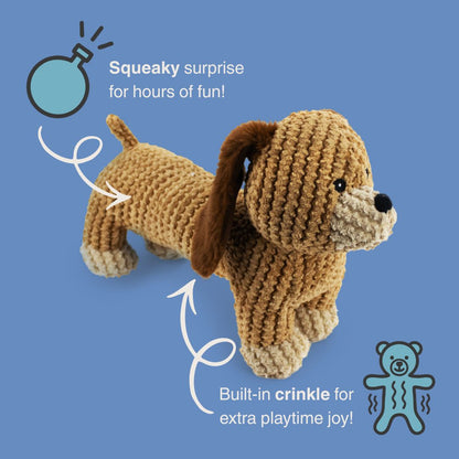 13" Dash Dachshund w/ Squeaker & Crinkle plush dog toy with soft fabric, designed for gentle play and cuddling