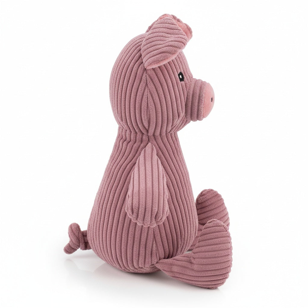 9" Corduroy Sitting Pig w/ Grunter & Crinkle plush dog toy with soft fabric, designed for gentle play and cuddling