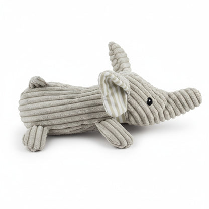 12" Corduroy Lying Elephant w/ Squeaker & Crinkle plush dog toy with soft fabric, designed for gentle play and cuddling