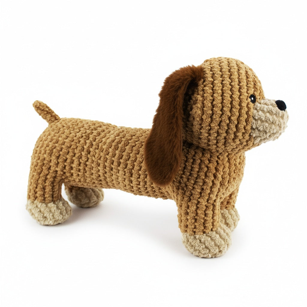 13" Dash Dachshund w/ Squeaker & Crinkle plush dog toy with soft fabric, designed for gentle play and cuddling
