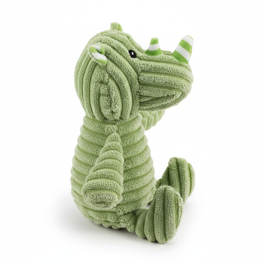 9" Corduroy Sitting Rhino w/ Squeaker & Crinkle plush dog toy with soft fabric, designed for gentle play and cuddling