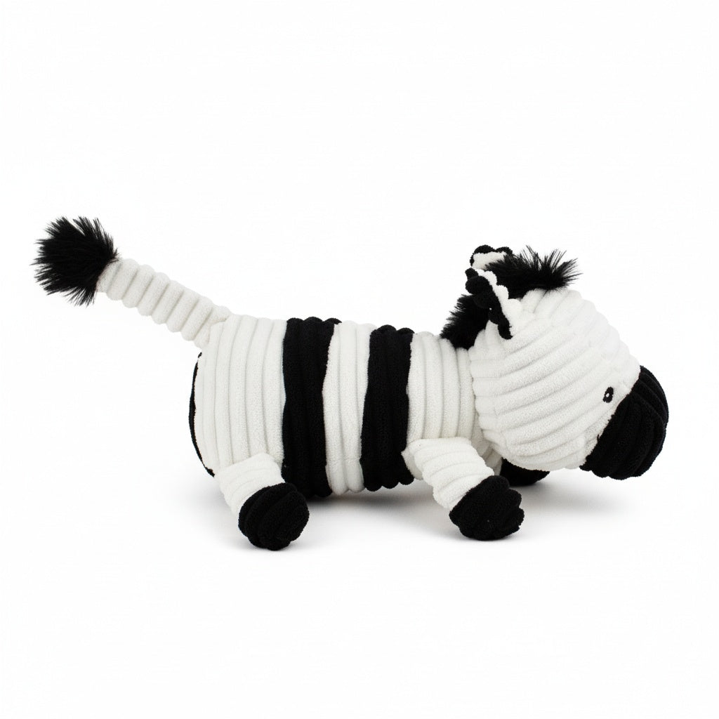 12" Corduroy Lying Zebra w/ Squeaker & Crinkle plush dog toy with soft fabric, designed for gentle play and cuddling