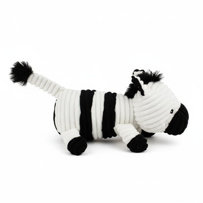 12" Corduroy Lying Zebra w/ Squeaker & Crinkle plush dog toy with soft fabric, designed for gentle play and cuddling