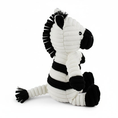 15" Corduroy Zebra w/ Squeaker & Crinkle plush dog toy with soft fabric, designed for gentle play and cuddling