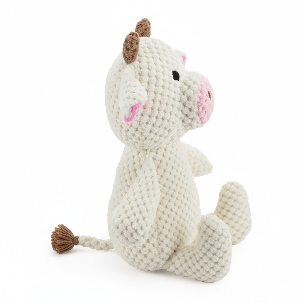 9" Sitting Corduroy Cow w/ Squeaker & Crinkle plush dog toy with soft fabric, designed for gentle play and cuddling