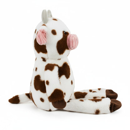 8.5" Cow w/ squeaker and crinkle plush dog toy with soft fabric, designed for gentle play and cuddling