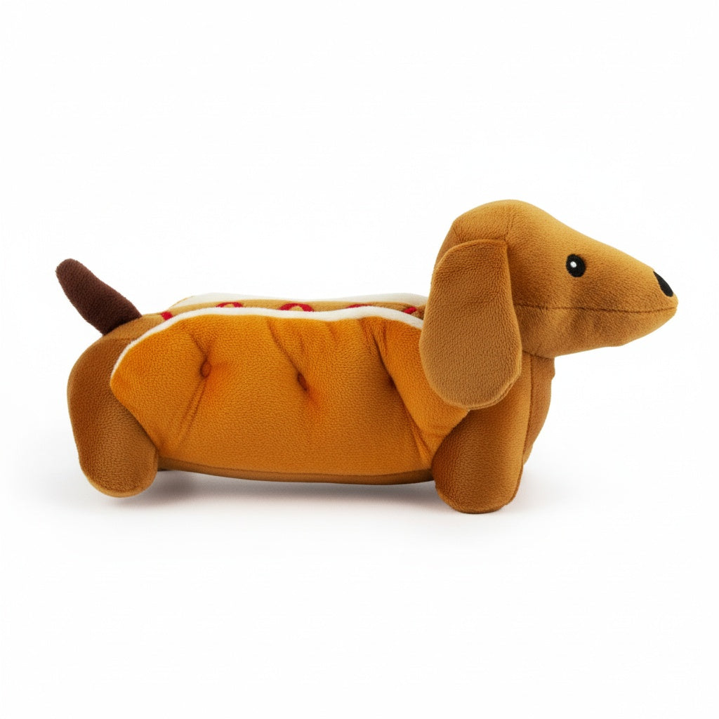 10" Dog in Bun w/ Squeaker plush dog toy with soft fabric, designed for gentle play and cuddling