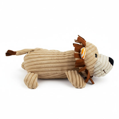 12" Corduroy Lying Lion w/ Squeaker & Crinkle plush dog toy with soft fabric, designed for gentle play and cuddling