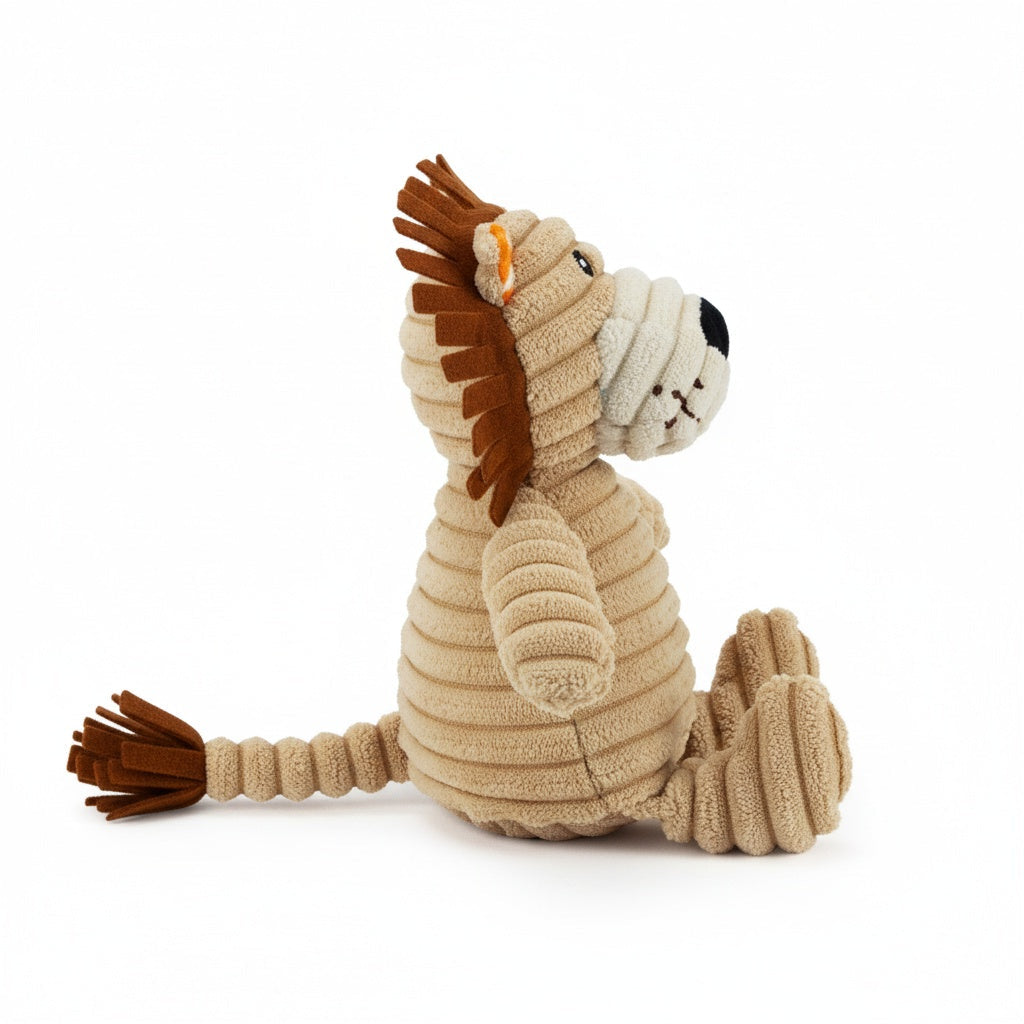 9" Corduroy Lion w/ Squeaker & Crinkle plush dog toy with soft fabric, designed for gentle play and cuddling