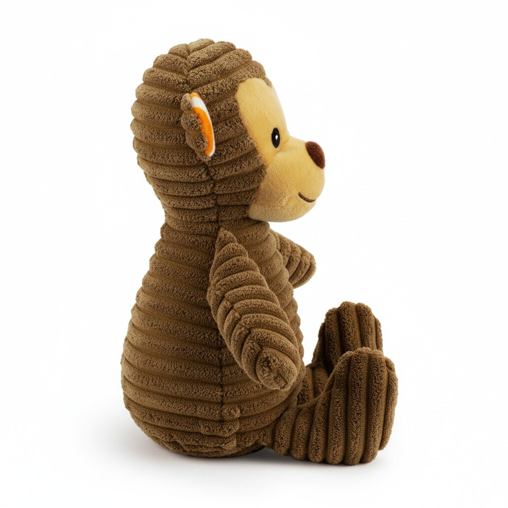 9" Corduroy Monkey w/ Squeaker & Crinkle plush dog toy with soft fabric, designed for gentle play and cuddling