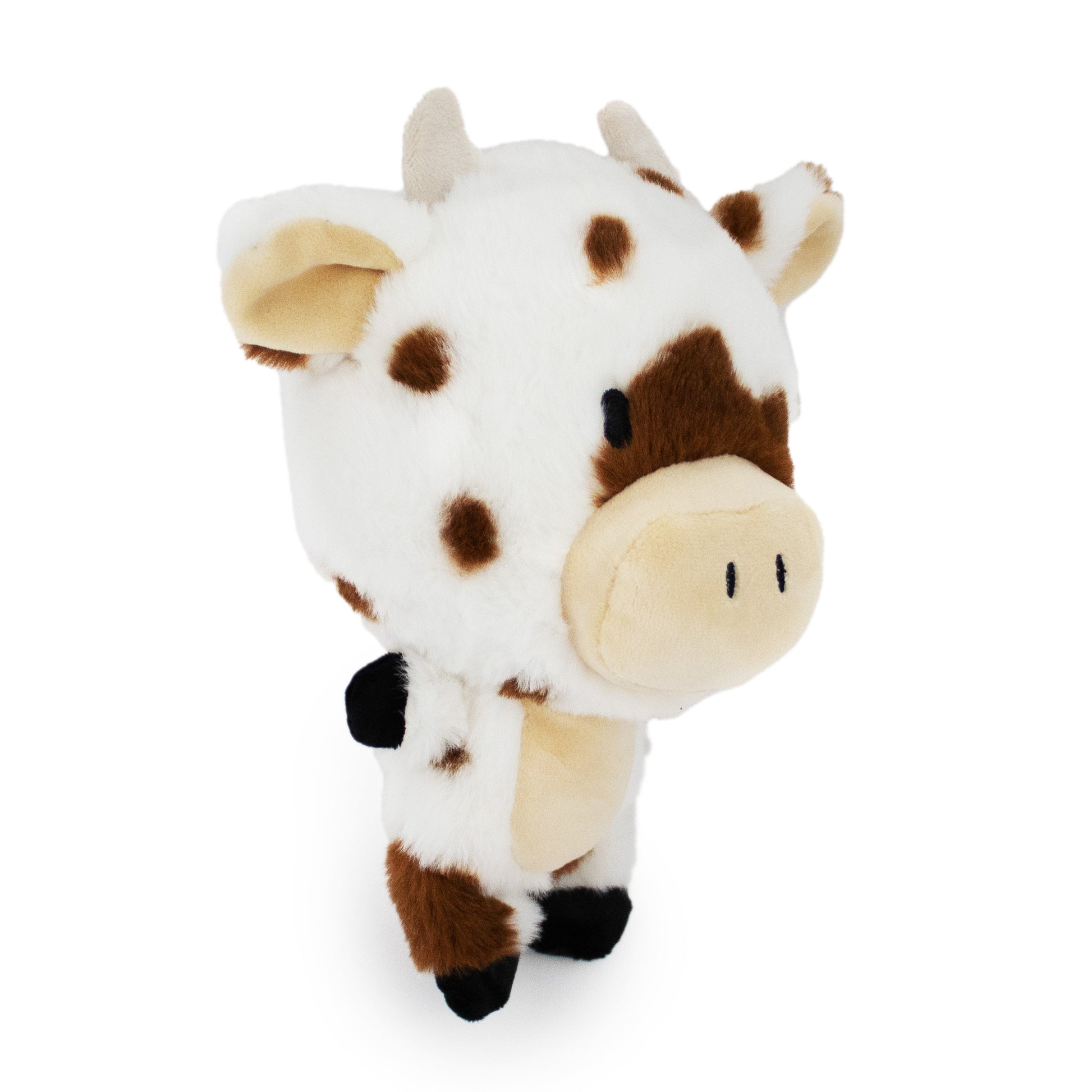8" Claramoo Cow plush dog toy with soft fabric, designed for gentle play and cuddling