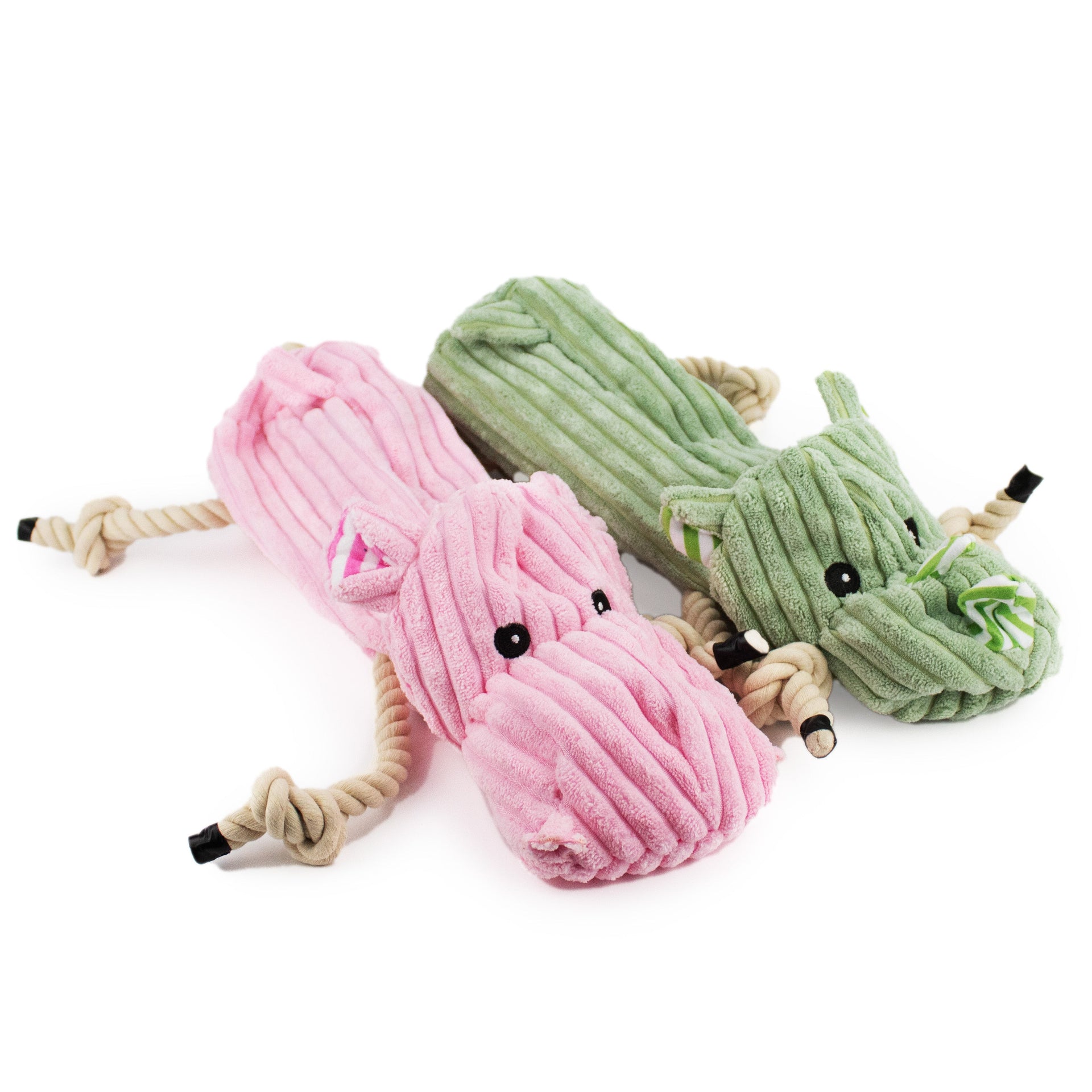 12" Stuffless Bottle Insert Rhino & Hippo - 2 Pack plush dog toy with soft fabric, designed for gentle play and cuddling