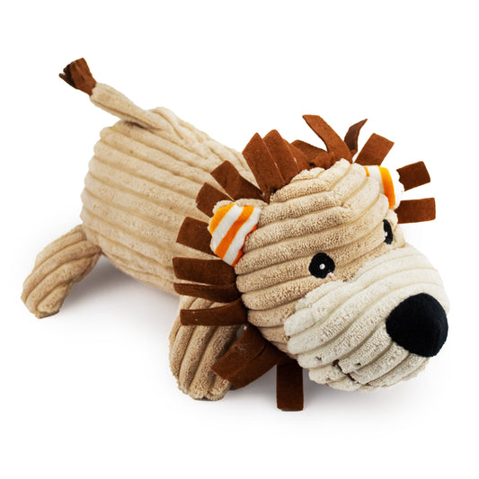 12" Corduroy Lying Lion w/ Squeaker & Crinkle plush dog toy with soft fabric, designed for gentle play and cuddling