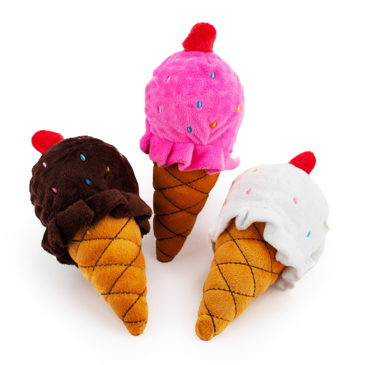 6" Ice Cream Cones w/ Squeaker Ball plush dog toy with soft fabric, designed for gentle play and cuddling