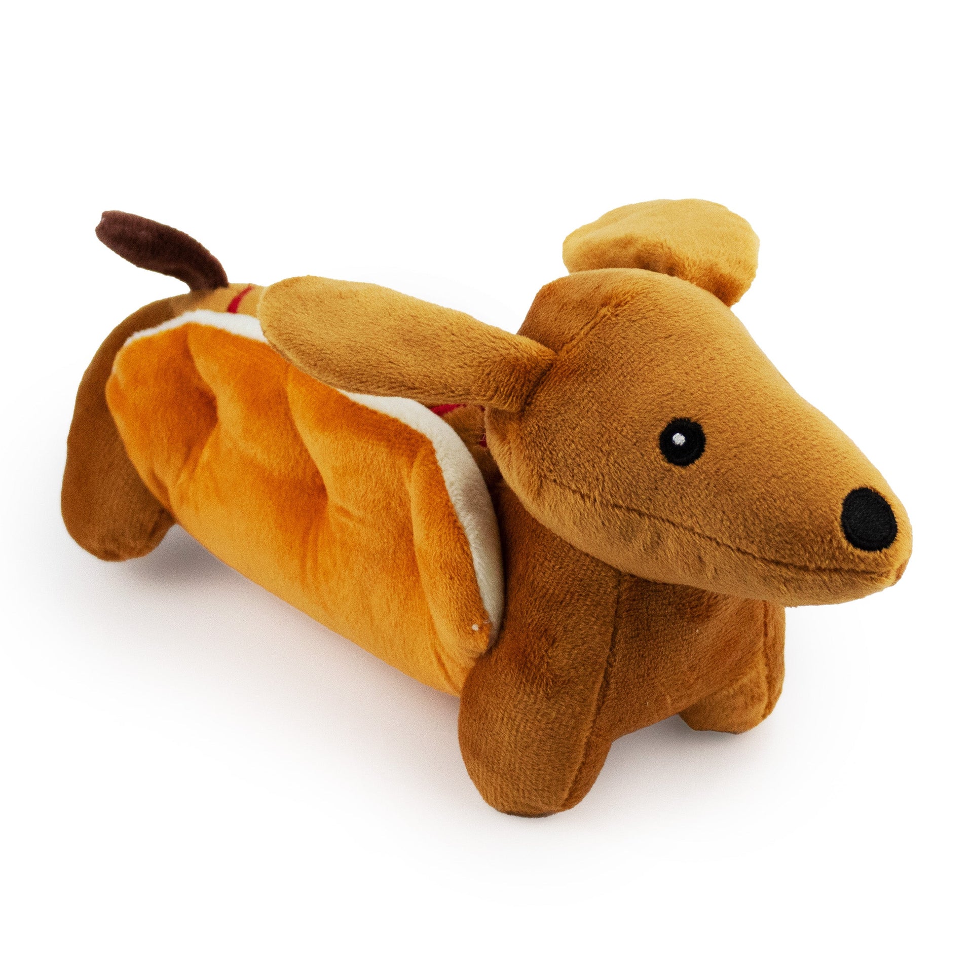 10" Dog in Bun w/ Squeaker plush dog toy with soft fabric, designed for gentle play and cuddling