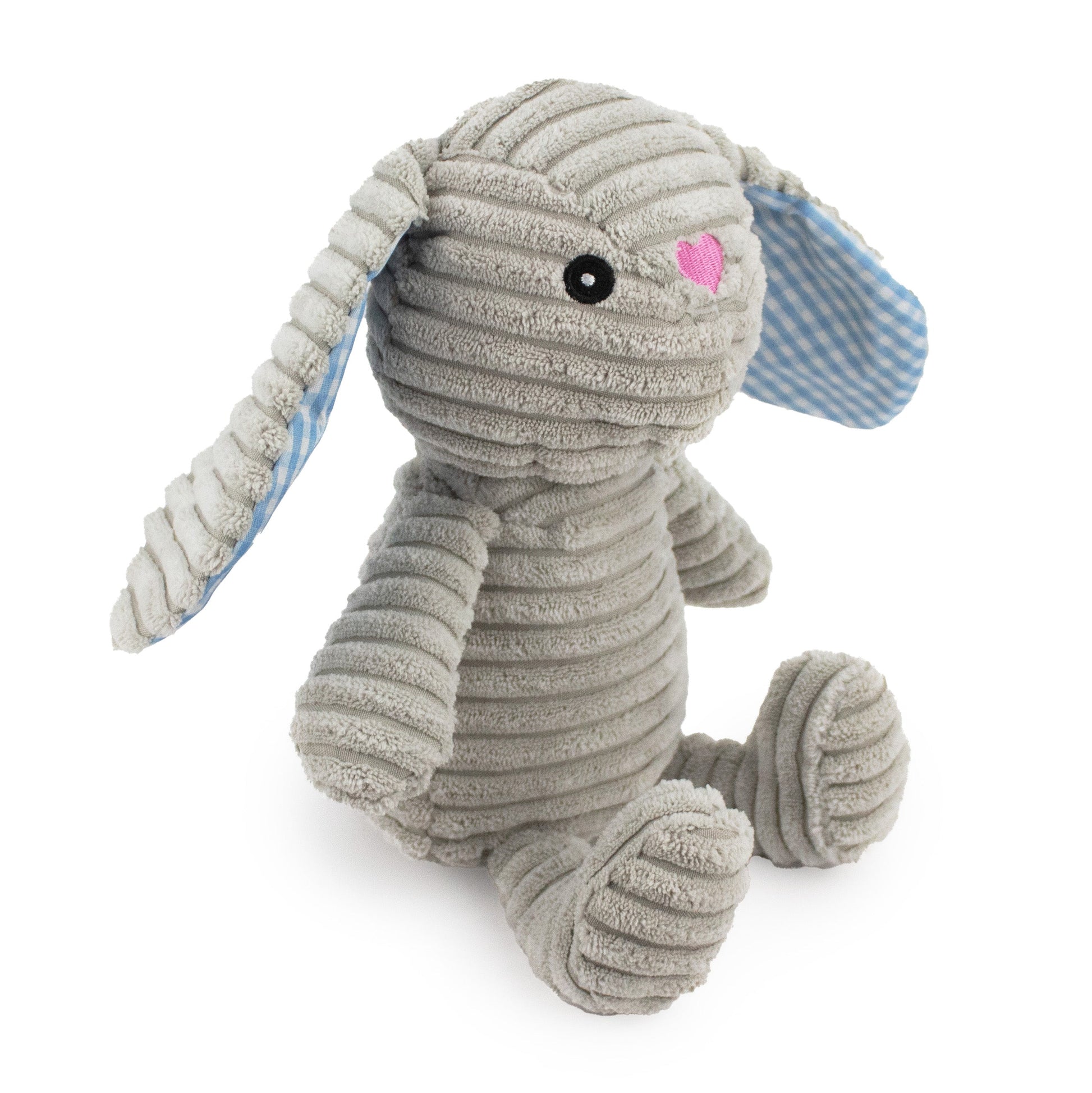9" Corduroy Rabbit w/ Squeaker & Crinkle - Gray plush dog toy with soft fabric, designed for gentle play and cuddling