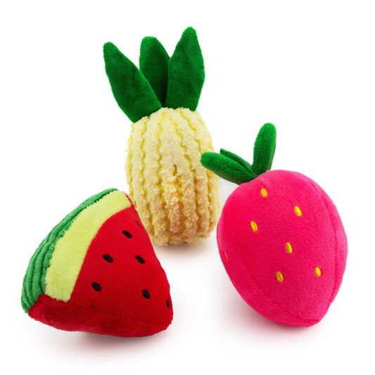 4" Fruitopia w/ Squeaker - 3 Pack plush dog toy with soft fabric, designed for gentle play and cuddling