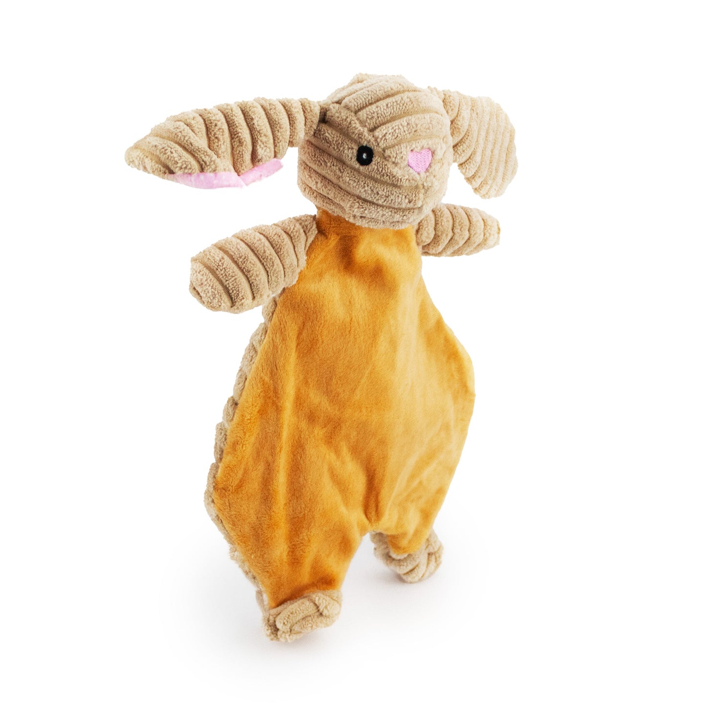 12" Corduroy Bunny Flattie - Tan plush dog toy with soft fabric, designed for gentle play and cuddling