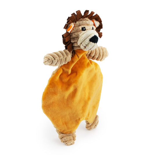 12" Corduroy Lion Flattie plush dog toy with soft fabric, designed for gentle play and cuddling