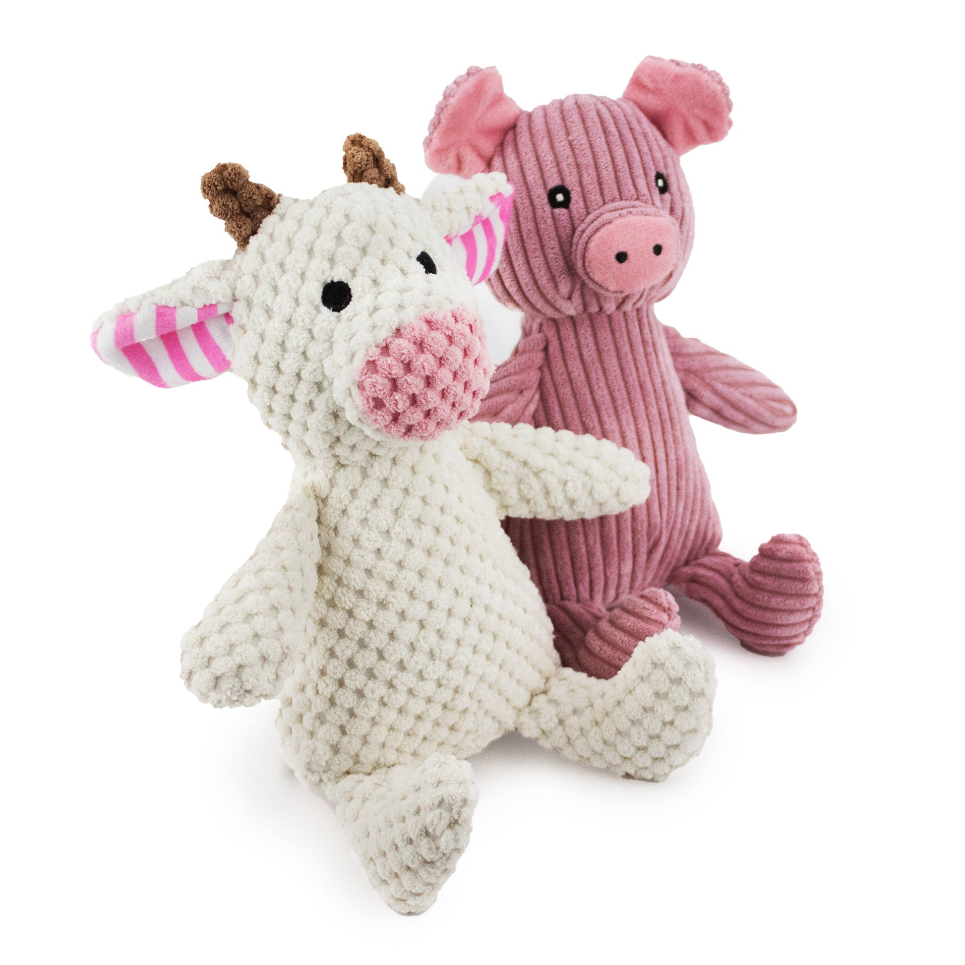 7" Corduroy Farm w/ Squeaker, Grunter & Crinkle - 2 Pack plush dog toy with soft fabric, designed for gentle play and cuddling