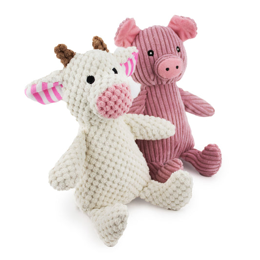 Giftable World Pet 7" Corduroy Farm w/ Squeaker, Grunter & Crinkle - 2 Pack - corduroy dog toy with grunter and crinkle