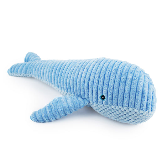 12" Willy Whale w/ Squeaker & Crinkle plush dog toy with soft fabric, designed for gentle play and cuddling