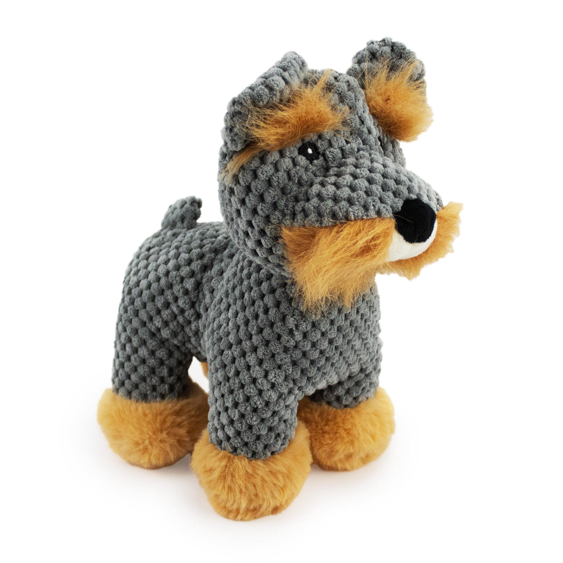 9" Sammy Schnauzer w/ Squeaker & Crinkle plush dog toy with soft fabric, designed for gentle play and cuddling