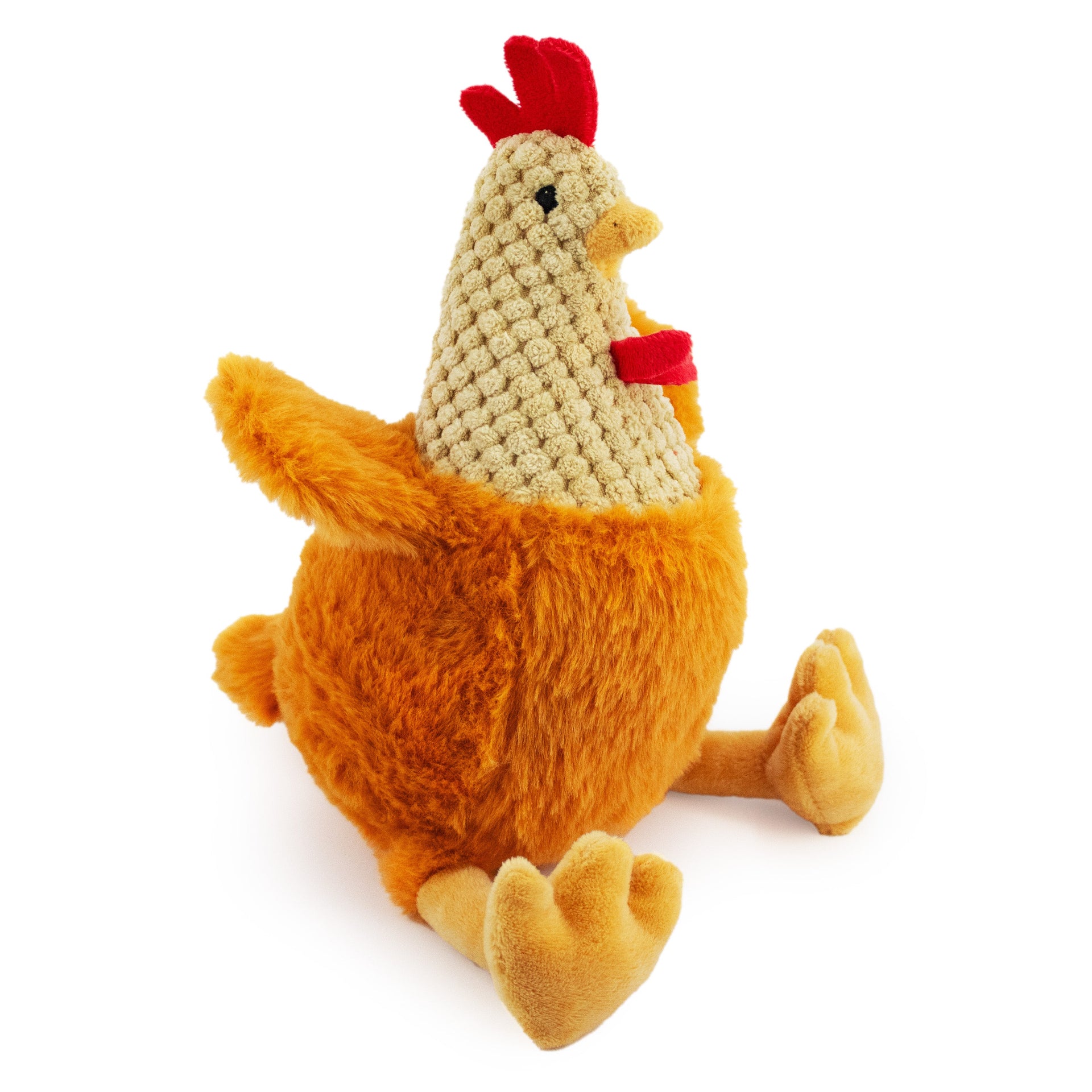 8" Rudy Rooster w/ Squeaker Ball & Crinkle plush dog toy with soft fabric, designed for gentle play and cuddling