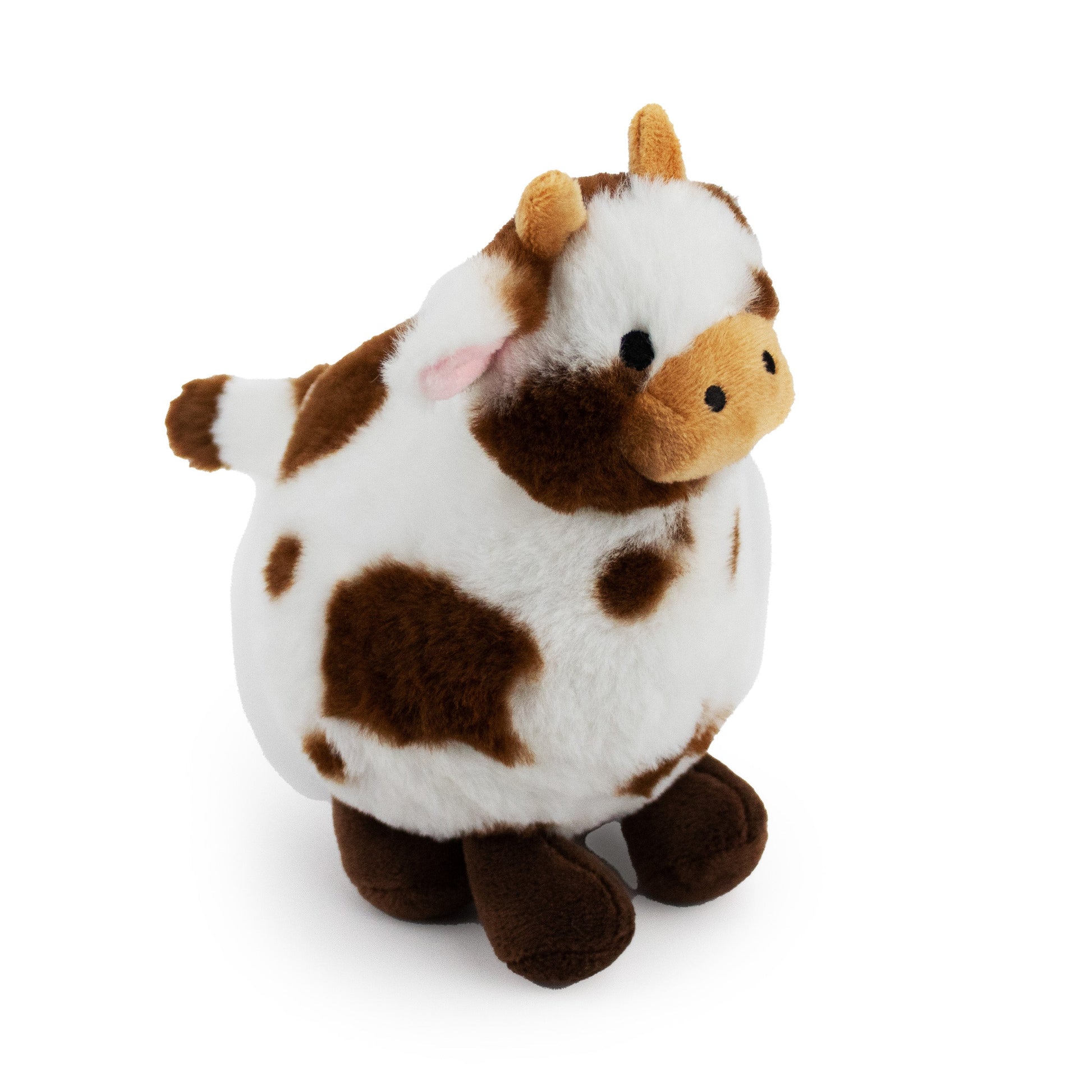 8" Carter Cow w/ Squeaker Ball & Crinkle plush dog toy with soft fabric, designed for gentle play and cuddling