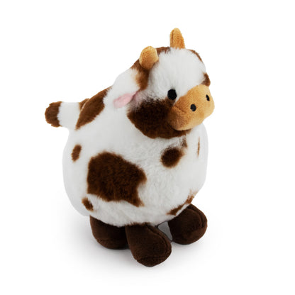 8" Carter Cow w/ Squeaker Ball & Crinkle plush dog toy with soft fabric, designed for gentle play and cuddling