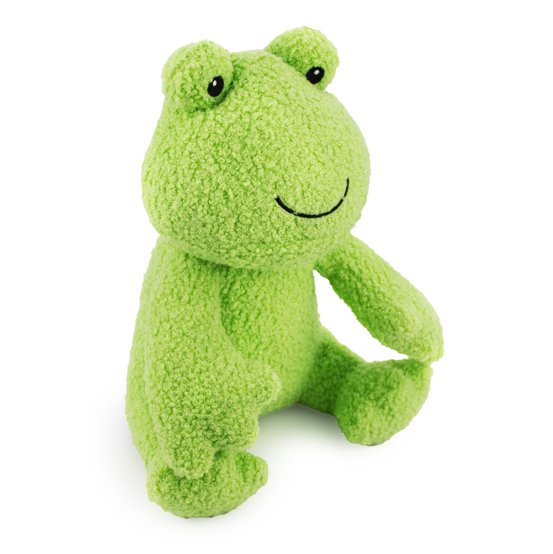 9" Jump Froggie w/ Squeaker & Crinkle plush dog toy with soft fabric, designed for gentle play and cuddling