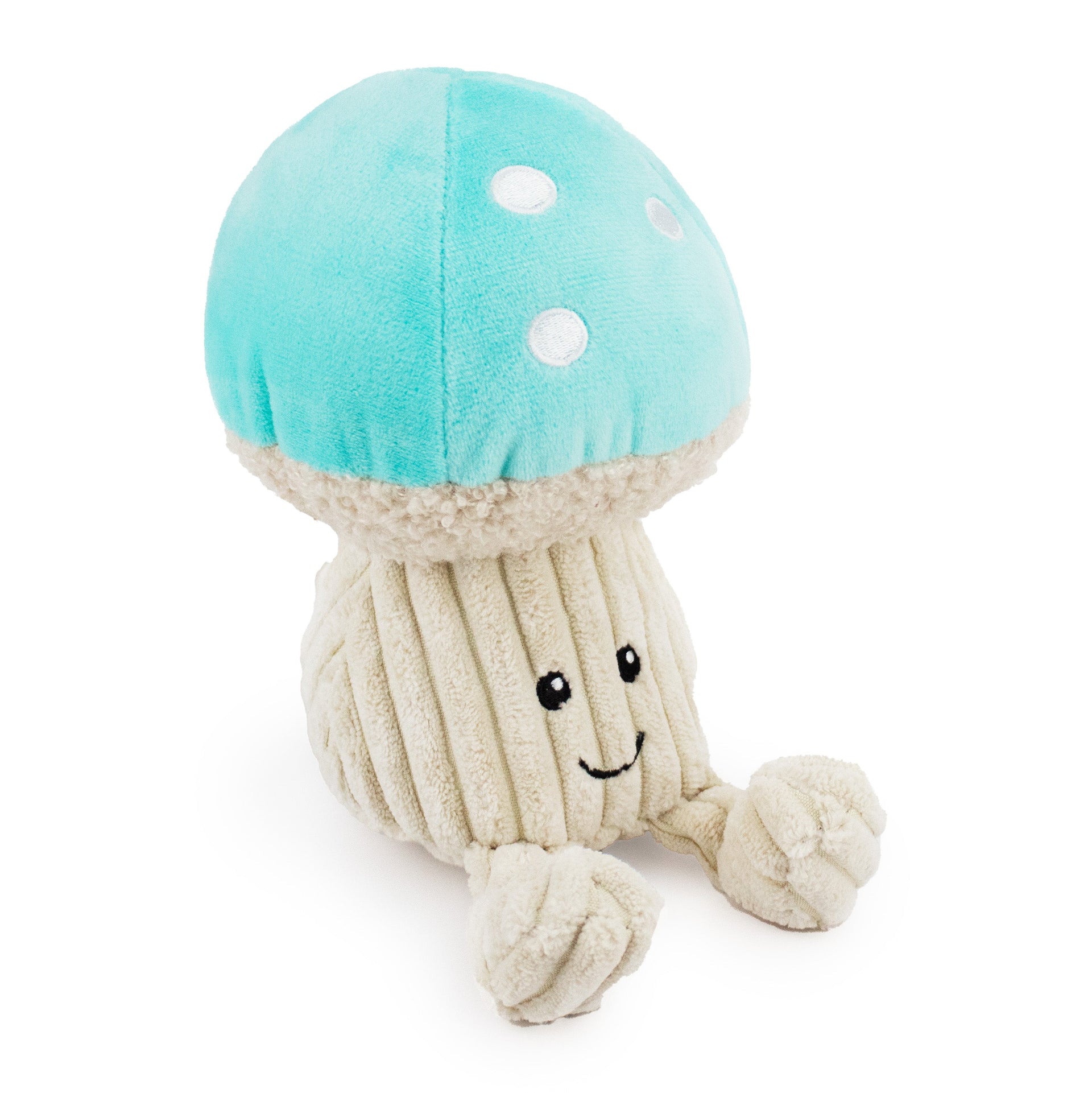 6.5" Button w/ Squeaker - Teal plush dog toy with soft fabric, designed for gentle play and cuddling